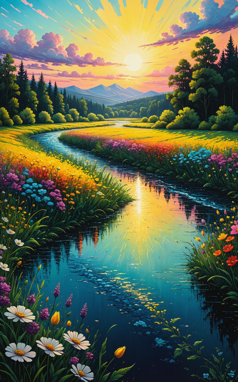 10620-1340736310-A bright colorful painting depicting a calm, quiet river running through a meadow with beautiful flowers, a sky with clouds illu.png